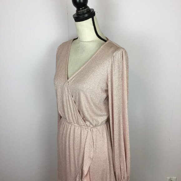 New! LC Lauren Conrad Wrap Dress S Woman Pink Metallic Knit Long Sleeve Ruffle - Picture 14 of 15